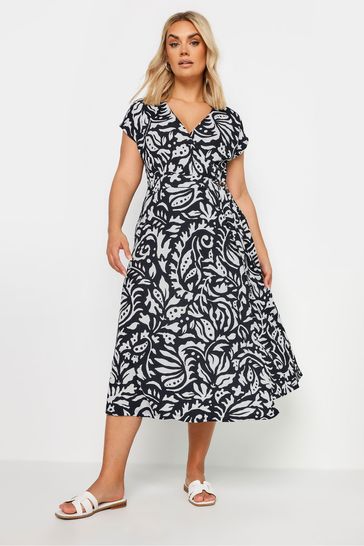 Yours Curve Black & White Floral Print Wrap Dress