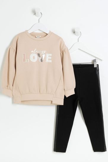 River Island Girls Love 100 Cotton Sweat and Leggings Set