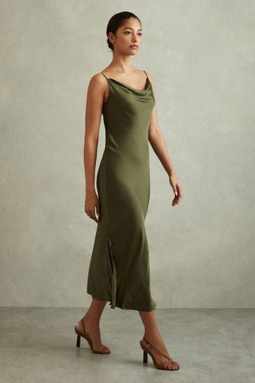 Reiss Khaki Isabel Satin Cowl Neck Midi Dress