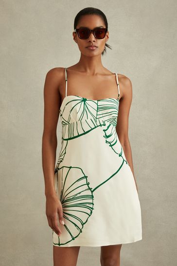 Reiss White/Green Marli Floral Sketch Removable Strap Mini Dress