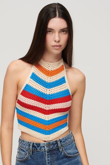 Superdry Cream Hanky Hem Halter Crochet Top