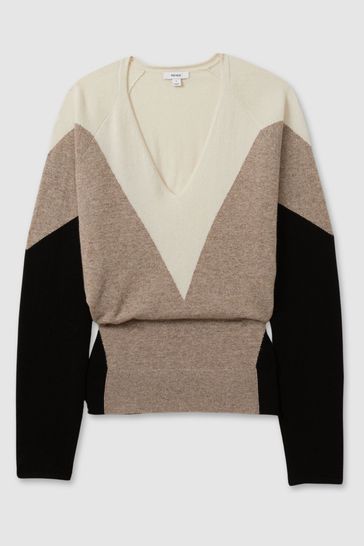 Buy Reiss Neutral Black Esme Wool Blend Colourblock V Neck Jumper from Next Kuwait