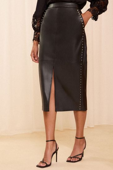 Love Roses Black Faux Leather Midi Pencil Skirt