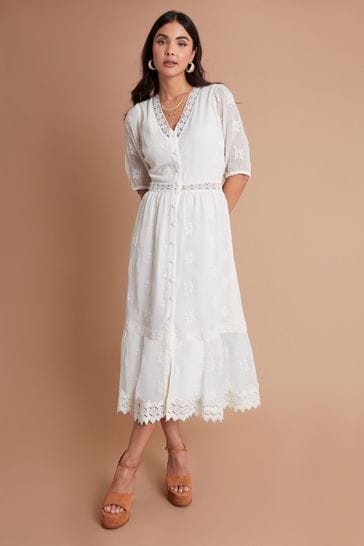 Another Sunday Cream Embroidered Button Down Lace Detail Chiffon Midi Dress