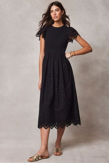 Mint Velvet Black Broderie Midi Dress