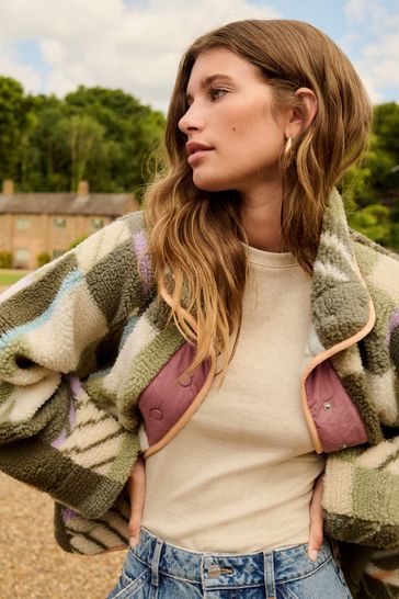 Buy Green Ecru Orange Abstract Print Woven Mix Teddy Borg Fleece Popper Front Jacket from Next Croatia