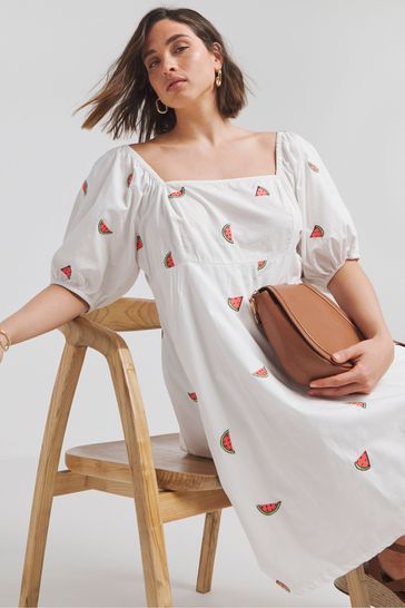 Buy Simply Be White Embroidered Fruit Skater 100 Cotton Dress from Next Saudi Arabia