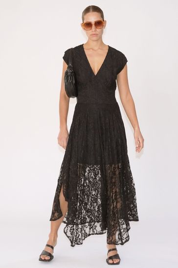 Religion Black Lace Lily Dress With Handkerchief Hem And Cap Sleeves