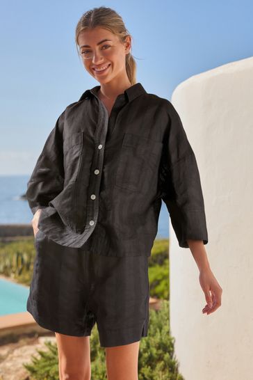 Buy Black Linen Blend Short Sleeve Safari Shirt from Next Italy