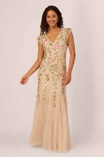 Buy Adrianna Papell Natural Beaded Mesh Flutter Dress from Next Bahrain