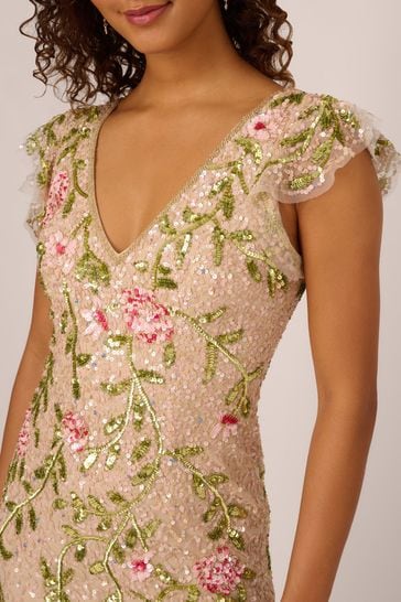 Buy Adrianna Papell Natural Beaded Mesh Flutter Dress from Next Bahrain