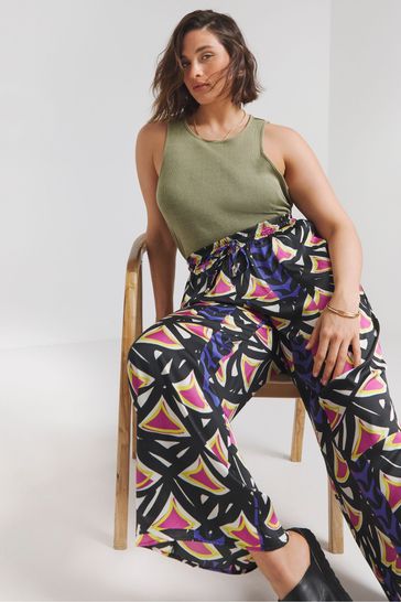 Simply Be Pink Multi Print Satin Wide Leg Trousers
