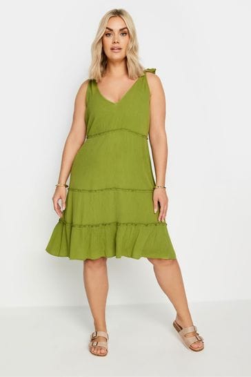 Yours Curve Green Limited Tiered Frill Tie Sleeve Mini Dress