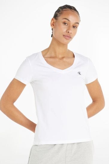 Calvin Klein White Embroidery Stretch V-Neck T-Shirt