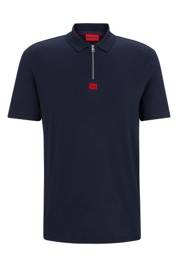 Buy HUGO Blue Cotton Jersey Quarter Zip Logo Label Polo Shirt from Next Denmark