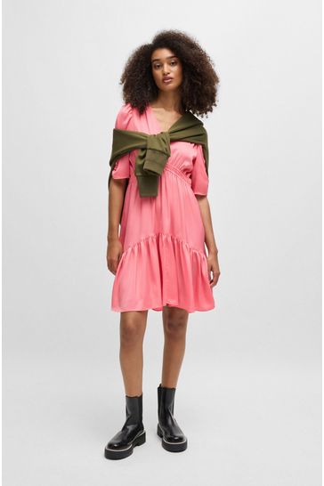 Buy BOSS Pink V Neck Dress In Hammered Satin With Volant Hem from Next Bahrain