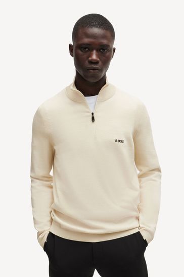 BOSS Cream Logo Print Zip Neck Sweater In A Cotton Blend