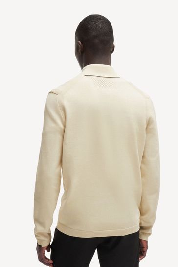 BOSS Cream Logo Print Zip Neck Sweater In A Cotton Blend