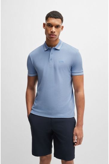 BOSS Sky Blue Contrast-Logo Polo Shirt In Cotton Piqué