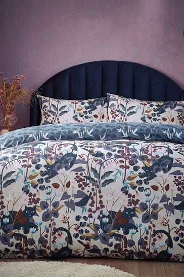 Furn Dusky Blue Midnight Panther Floral Duvet Cover Set