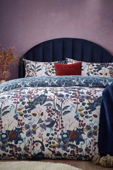 Furn Dusky Blue Midnight Panther Floral Duvet Cover Set