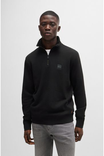 Buy BOSS Black Logo Patch Zip Neck Sweatshirt In Cotton Terry from Next Bahrain