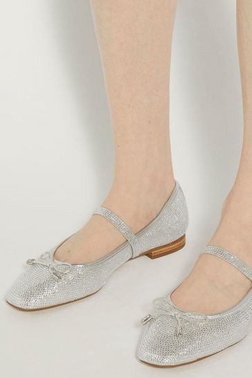 Dune London Silver Holly Embellished Mary Jane Ballet Flats