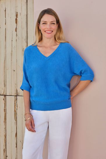 Pure Collection Blue Linen V-Neck Sweater