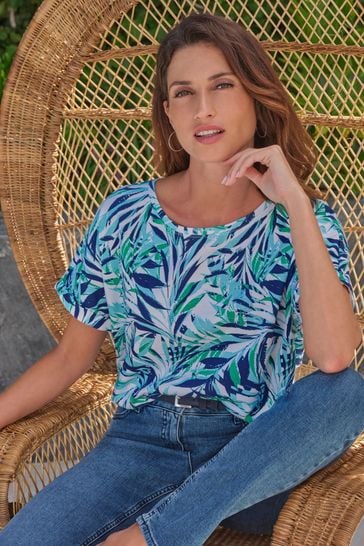 Pure Collection Blue Round Neck Printed Jersey Top