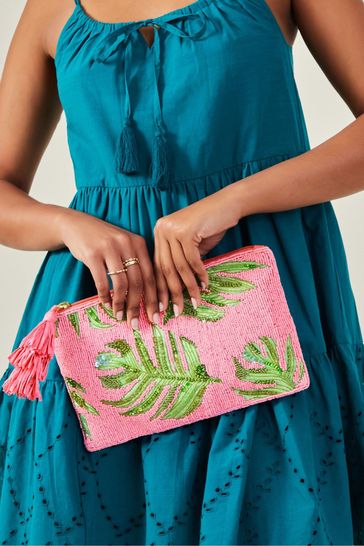 Accessorize Pink Embellished Leaf Zip Top Clutch Bag
