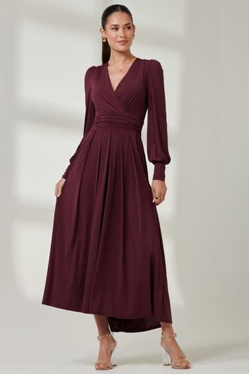 Jolie Moi Red Long  Sleeve Soft Silky Jersey Maxi Dress