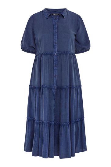 Yours Curve Blue Button Front Chambray Midi Dress