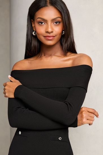 Lipsy Black Bardot Button Detail Ribbed Knit Dress