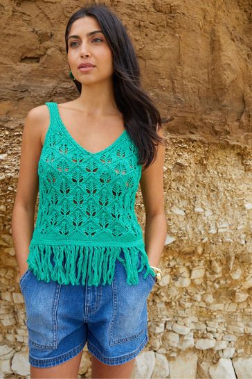 Threadbare Tassel Fringe Crochet Knit Vest Top