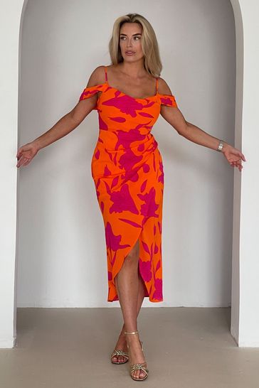Buy Girl In Mind Orange Camila Cold Shoulder Wrap Midi Dress from Next Netherlands