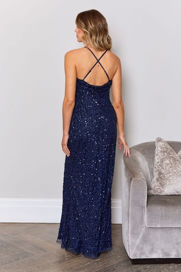 Buy Sistaglam Plunge V Neck Embellished Maxi Dress With Slit from Next Bahrain