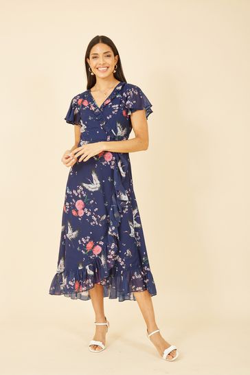 Yumi Dark Blue Satin Crane Print Wrap Dress