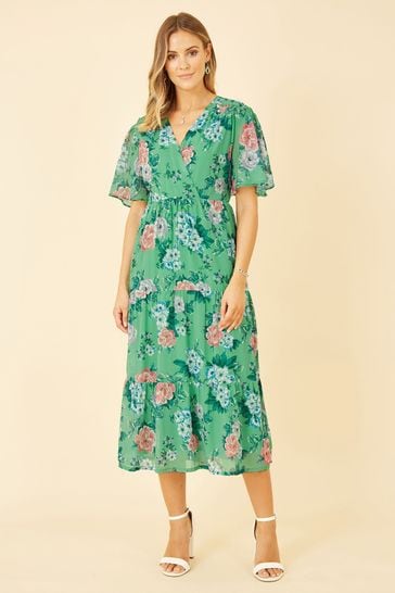 Yumi Green Floral Wrap Midi Dress With Tiered Hem