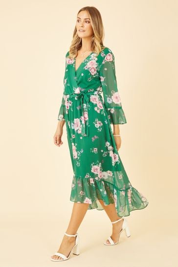 Yumi Green Floral Wrap Dress With Dipped Hem