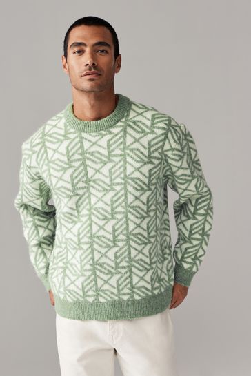 Buy Geometric White Green Relaxed Fit Brushed Pattern Crew Jumper from Next Bahrain