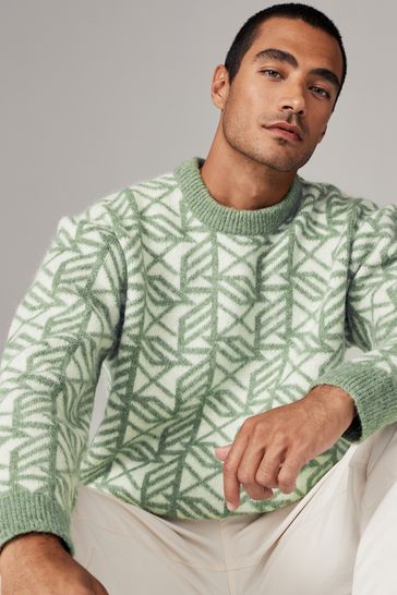 Buy Geometric White Green Relaxed Fit Brushed Pattern Crew Jumper from Next Bahrain