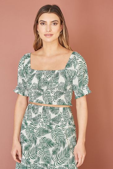 Yumi Green Cotton Voile Palm Leaf Ruched Crop Top
