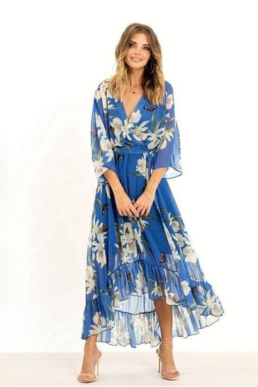Buy Yumi Blue Floral Kimono Sleeves Dip Hem Wrap Midi Dress from Next Bahrain