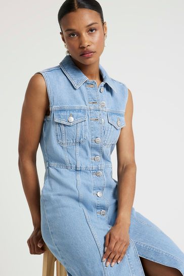 Buy River Island Blue 100 Cotton Denim Midi Pinafore Dress from Next Kuwait