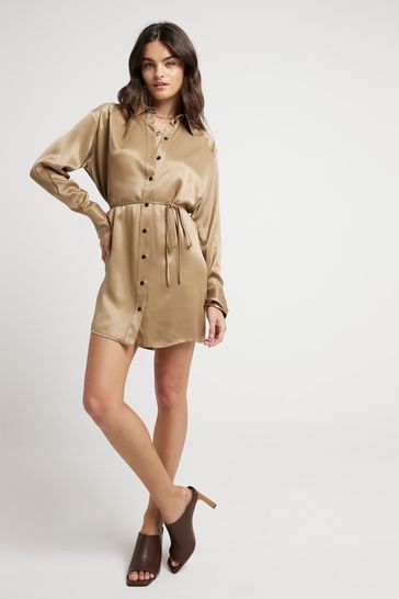 River Island Green Khaki Belted Shirt Dress