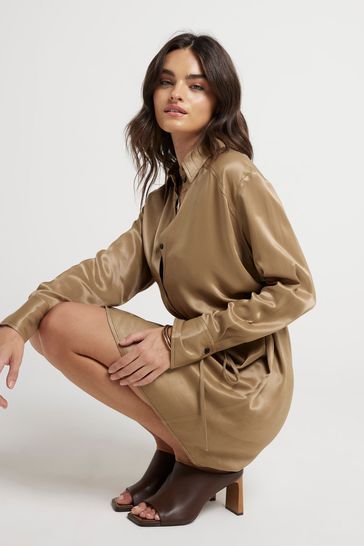 River Island Green Khaki Belted Shirt Dress