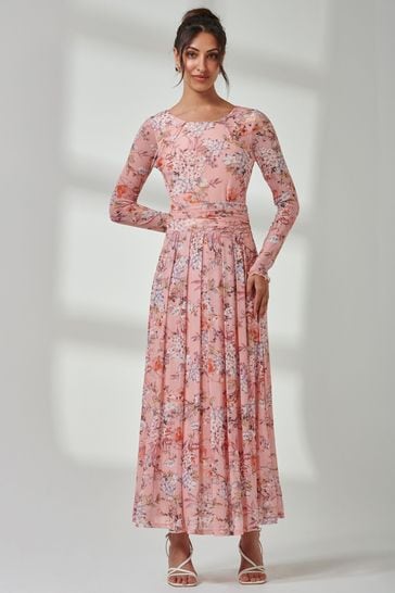 Jolie Moi Pink Floral Long Sleeve Mesh Maxi Dress