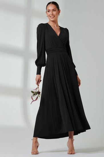 Jolie Moi Black Long  Sleeve Soft Silky Jersey Maxi Dress