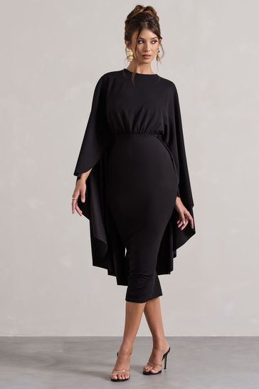 Buy Club L London Black Tranquility Gathered Midi Dress With Cape from Next Bahrain