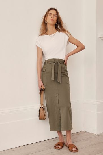 Mint Velvet Khaki Cotton Midi Skirt